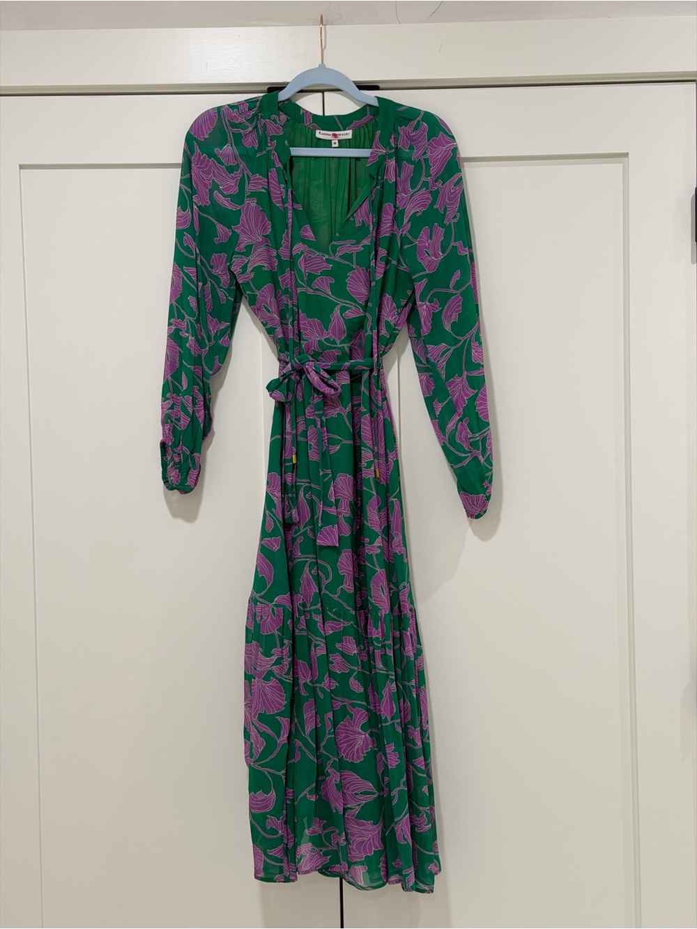 Karina Grimaldi Floral Maxi Dress M Green Purple Long Sleeve Belted